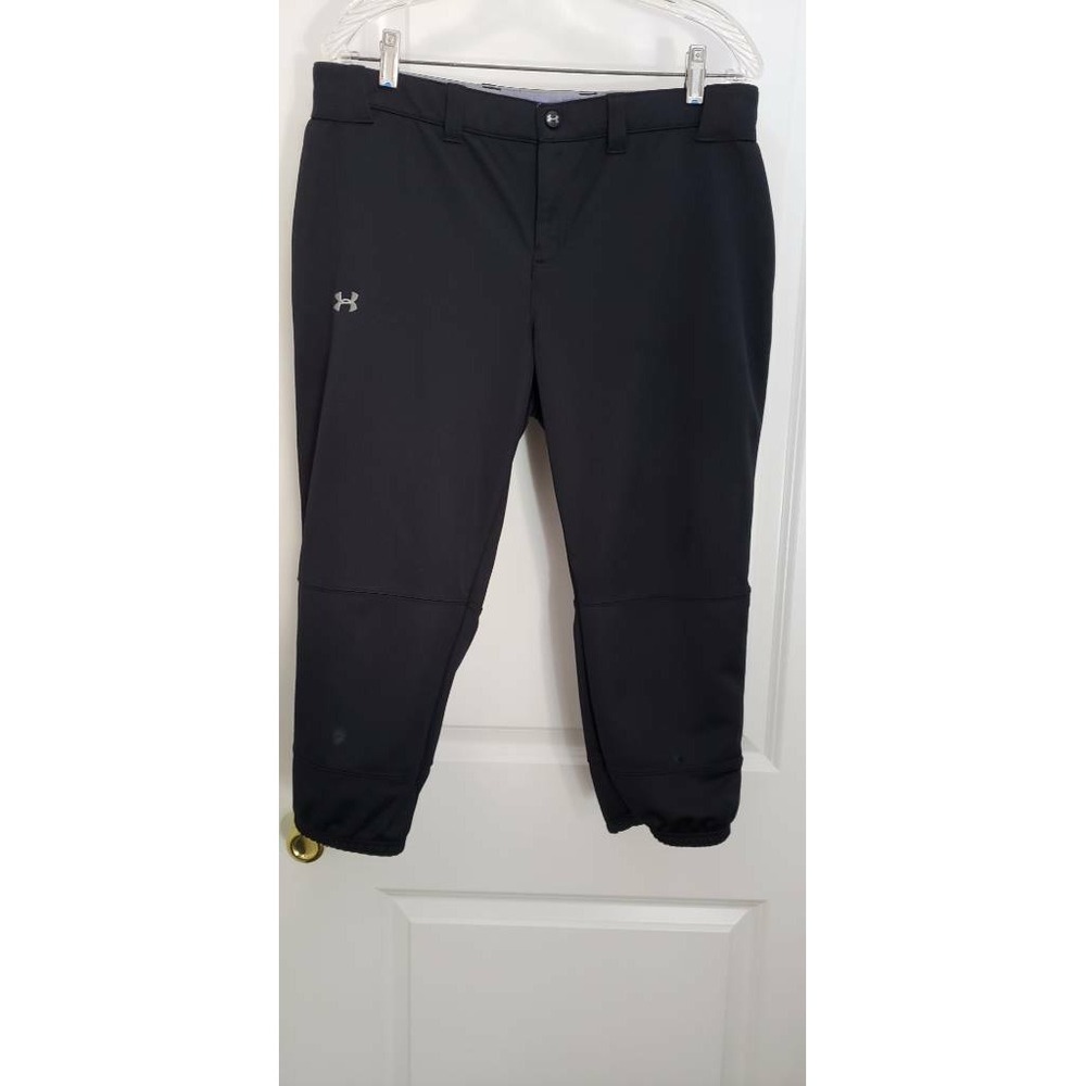 Under Armour Womens Softball Crop Pants Black Flat Front Belt Loop Pockets‎ L